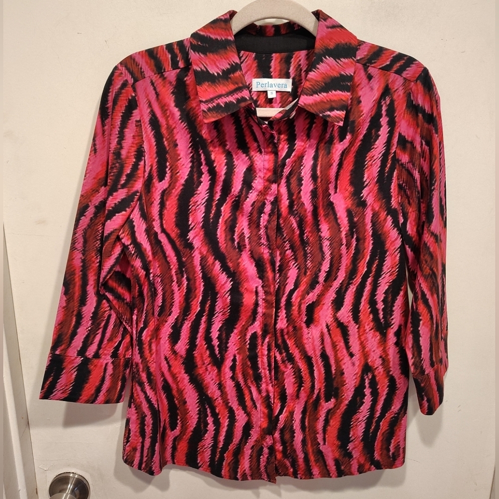 Perlavera Women's Pink Zebra Print 3/4 Sleeve Button Down Nova Shirt S Travel